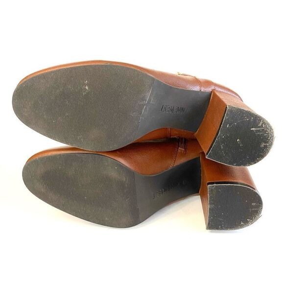 Nine West Nogettuff Ankle Boots Heels Leather Buckle Zip Closure Brown Camel 10 - Picture 11 of 11